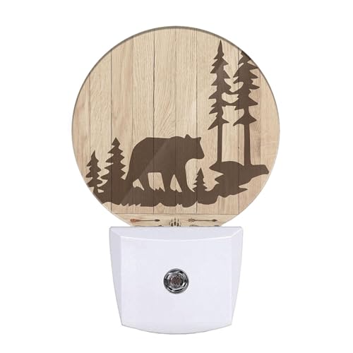 Image of Bear Night Lights Plug into Wall Wildlife Cute Brown Bear Trees Woods Silhouette Night Light Dusk to Dawn Sensor LED Lighting for Bedroom Bathroom Living Room