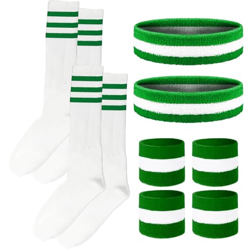 Image of 10 Pieces Striped Sweatbands and Striped Socks Set Headbands Wrist Sweat Bands for Men and Women Sports 80s 90s Fitness