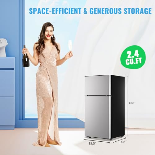 DEMULLER Mini Fridge with Freezer, 2.4 Cu.Ft Personal Refrigerator Only for One Person Use, Silver Tiny Small Size Refrigerator with 7 Level Adjustable Temperature and Double Door on Fridge.com