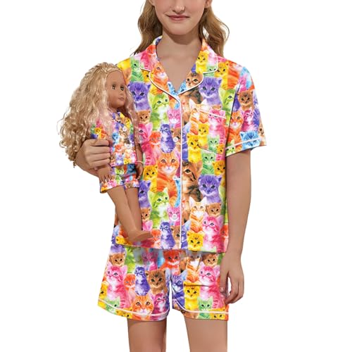 QPANCY Matching Girls&Dolls Pjs Sets 2 Pieces Short Sleeve Pajamas Set Fall Summer American Girl 18 inch Doll Cotton Button Down Cat Sleepwear Size 6 7