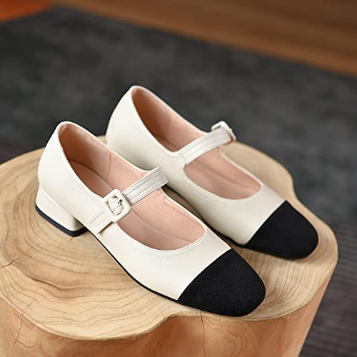 MOOMMO Women Elegant Ankle Strap Mary Jane Shoes Low Chunky Block Heel 1" Cap Toe Ballet Flats Two Tone Round Closed Toe Dress Sandals Buckle Patchwork Comfort Office Wedding Pump Chic Fall 4-10 M US2