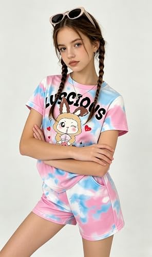 Image of Girls Clothes 2PCS Butterfly Print Short Sleeve T-Shirt + Shorts Set Teen Tween Girls Summer Outfits Set