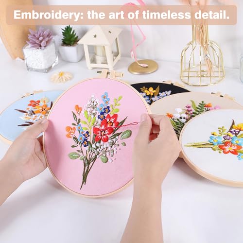 Image of RidaaFri Embroidery Kit for Beginners, Set of 3 Flower Pattern DIY Kits for Adults & Starter, Hand Embroidery Practice Set with Guide & Video Tutorial, Includes Hoop, Needles, Floss