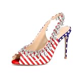 Women's Jewel Dress Heels/Red American Flag Patriotic Printed Sexy Pumps Shoes/Elegant Peep Toe Stiletto Pumps/Dress Rinestone Sling Back High Heels Size 9