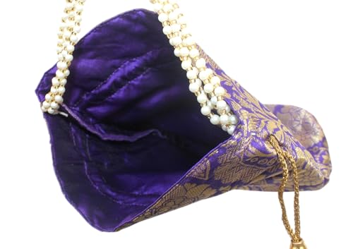 Image of MILAN'S CREATION Banarasi Silk Brocade Potli Bag Purse With Base Drawstring Women's handbag with Pearl Handle & Tassel Weddings