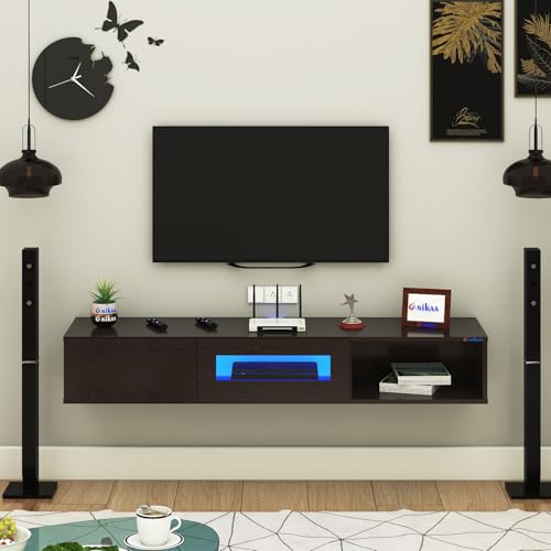 Image of Anikaa Strix Wall Mount Modern Floating TV Unit for Living Room with 3 Storage Cabinet & Blue LED Light (Ideal for 32 to 55 inch TV, DIY Installation, Wenge Finish)