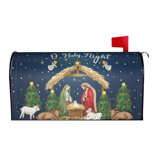 Image of Christmas Mailbox Cover Magnetic, Large Size 25.5x21 Inch, Xmas Trees Blue Holy Night Nativity Scene Waterproof Mailbox Wrap Post Cover for Garden Yard Holiday Hew Year Decor