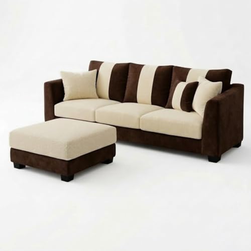 Image of Revo 4 Seater L Shape Sofa Set with Movable Ottoman | Flexible Left or Right Layout | Luxury Velvet Suede Fabric | Modern Living Room Sofa | Dark Brown-Cream