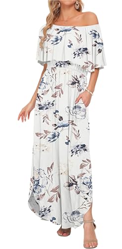Image of AUSELILY Womens Off Shoulder Ruffle Split Summer Maxi Dresses with Pockets | Off-shoulder Ruffle dress with empire waist & side split for summer beach and casual parties
