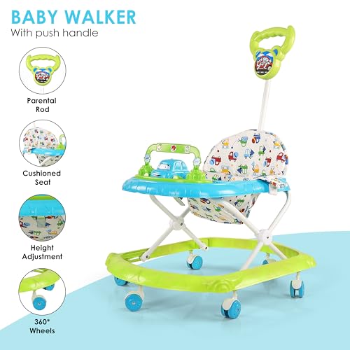 Image of BabyGo Gogo Baby Walker for 6-24 Months, Baby Walker with Push Handle & Activity Tray, Foldable Adjustable Height Infant Walker with Wheels, Music,Toy Bar and Comfotable seat (Blue -Green)