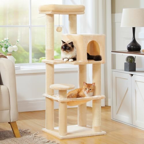 Image of MUTTROS Cat Tree for Indoor Cats, 44.5 inch Multi-Level Cat Tower with Large Metal Frame Hammock, Cat Condo with 2 Scratching Posts and Top Perch for Small to Medium Cats, Beige