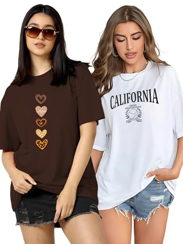Image of TQH Tshirt for Women | Oversized T Shirt for Woman | Tops for Women Western | Women's Tops | Pack of 2 Cotton Blend Drop Shoulder Printed Loose Fit Casual T-Shirts for Summer College Travel