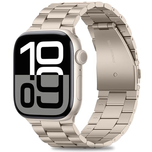 Image of HITZEE Compatible with Apple Watch Band 42 /41 /40 /38mm Business Stainless Steel Metal Strap Men Women Link Bands Compatible for iWatch SE3-1 Series 11 10 9 8 7 6 5-1, 38 /40 /41 /42mm Starlight