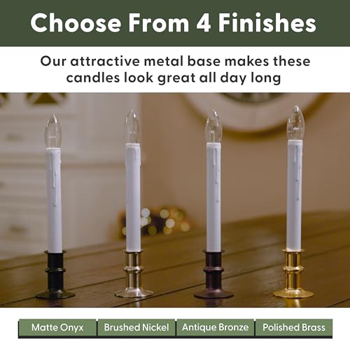 Image of Ultra Bright Battery Operated LED Window Candles Brushed Nickel | Automatic Timer, Metal Base, Adjustable Height, Flameless Christmas Window Sill Lights, 4-Pack