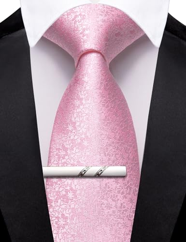Image of Barry.Wang Blush Pink Ties for Men Floral Tie Necktie and Tie Clip Wedding Business Flower Solid Color Formal