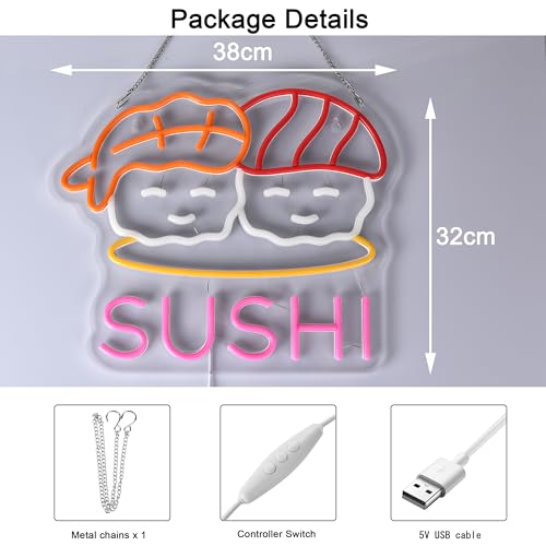 Image of Sushi Neon Sign for Wall Decor Led Neon Lights for Business Light Up Sign 15 inch x 12.6 inch USB Powered for Home Bar Kitchen Japanese Restaurant Supermarkets Decoration