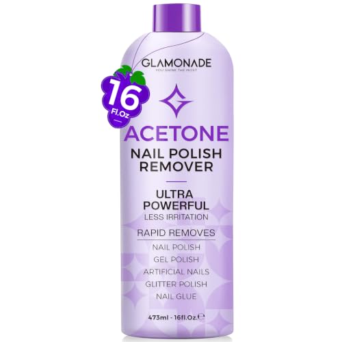 Glamonade Acetone Nail Polish Remover: 16 Fl Oz Large Capacity Professional Gel Polish Remover for Removal of Regular Polish/Gel Polish/Glue/Artificial Nail – With Grape Seed Oil for Gentle Removal