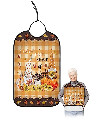 Thanksgiving Gnomes Adult Bibs for Eating, Waterproof Bibs with Food Catcher & Adjustable Snap Closure, Orange Plaid Pumpkin Rustic Washable Clothing Protectors Adult Bibs for Elderly Women/Men