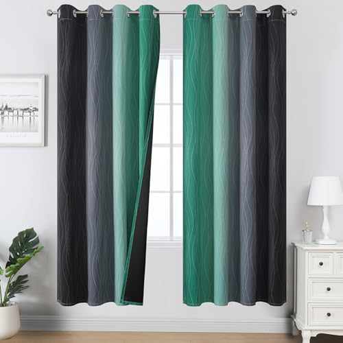 Image of Estelar Textiler Black and Green Ombre Blackout Curtains for Living Room,Energy Efficient Room Darkening Drapes, Grommet Thermal Insulated Window Treatments for Bedroom,52Wx72L,2 Panels