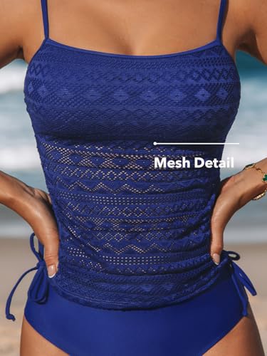 CUPSHE Women's Tankini Sets Two Piece Swimsuit Square Neck Mesh Bathing Suit Adjustable Spaghetti Straps Drawstring3