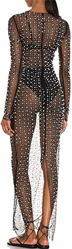 LOFAAC Women Sexy Pearl Rhinestone See Through Cover Up Dress Sheer Mesh Swimwear Bikini Beach Bathing Suit Coverups2