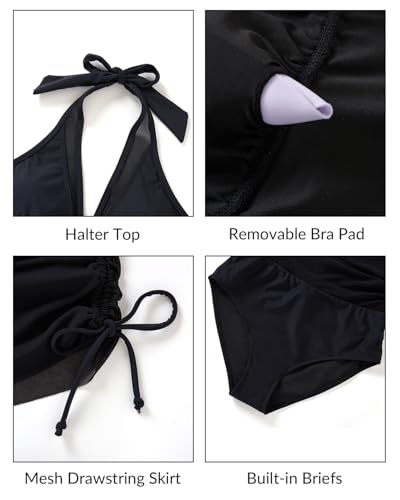 Tankini Bathing Suit for Women - Two Piece Swimsuit with Skirt Tummy Control Swimwear Halter Mesh Swim Dress 20253