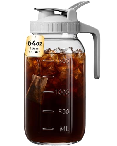 Image of 64 oz Mason Jar Pitcher, Glass Pitcher with Lid for Sun Tea & Iced Tea | Airtight, Leak Proof, Wide Mouth, Pour Spout Lid, Thick Glass, Fridge Safe, Ergonomic Handle, Easy to Clean