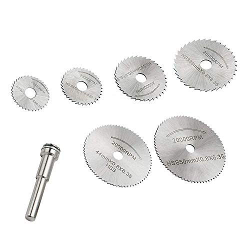 Lot de 7 mini lames de scie circulaire en acier HSS pour Dremel - Outil électrique pour couper le bois - 6 lames de scie + 1 mandrin Cover