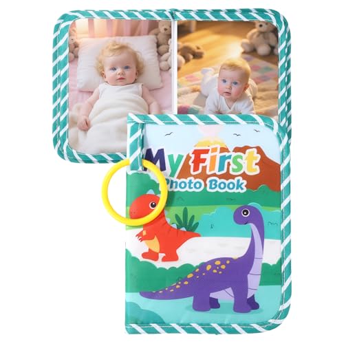 Tinoaly Álbumes Fotos Bebés, Tela Suave Mi Primer Álbum para Recién Nacidos Niños Pequeños Guarda Fotos 15,3x10,1cm Estilo Dinosaurio Libro Recuerdos Familiares con Espejo & Gancho para Baby Shower