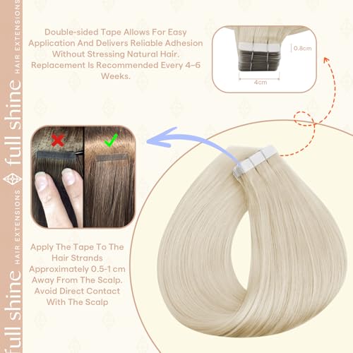 Image of Full Shine Tape in Hair Extensions, Platinum Blonde 22 Inch | 50g 20PCS, Seamless Double Sided Human Hair Tape in Extensions, Full Ends Natural Volume Soft Texture for Wedding Guest Look