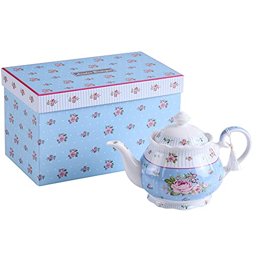 London Boutique Juego de tetera de porcelana, azucarero y jarra de leche para crema, estilo shabby chic, vintage, floral, en caja de regalo (tetera azul rosa)