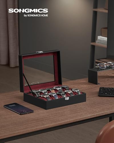 Image of SONGMICS Watch Box, 10-Slot Watch Case Organizer with Large Glass Lid, Removable Pillows, Gift for Loved Ones, Black Synthetic Leather, Wine Red Lining UJWB010R01