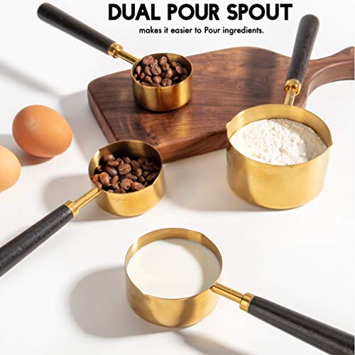 NOVIIML Measuring Cups and Spoons Set of 8 Pcs, Father's Day Gifts Gold Measuring Cup Kit with Wood Handle, Copper Dual Spout Kitchen Gadget Set, for Baking, Cooking, Dry and Liquid Food