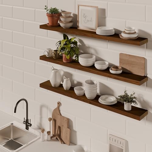 Image of ROGMARS 48Inches Long Walnut Floating Shelves | Rustic Solid Wood Farmhouse Wall Shelves with Invisible Brackets for Bathroom, Living Room, Bedroom, Kitchen Set of 3