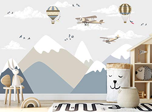 Papier peint mural - Montagnes et avions - Papier peint photo pour chambre d'enfant - Décoration murale (366 x 254 cm) - Poster géant en papier sans colle