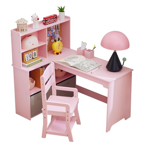 Bureau d‘angle enfant avec chaise,Ensemble Bureau en L ergonomique avec étagères & 2 compartiments ouverts,2 tiroirs en tissu,Coin étude enfant en bois...