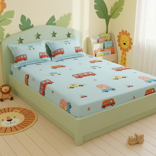 Image of Filymore Kids Double Bed Sheet Set - Cartoon Bus Theme, 240 TC Soft Microfiber, Includes 2 Pillow Cover, Double Bed Bedspread (90x90 in), Sky Blue and Red Colour
