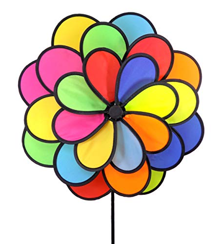 WorldaWhirl Wind Spinner Flower Polyester Fiberglass with One Piece Ground Stake (24 Petal Triple Wheel, 20 Inch, 15 Inch, 10 Inch, Solid Rainbow)