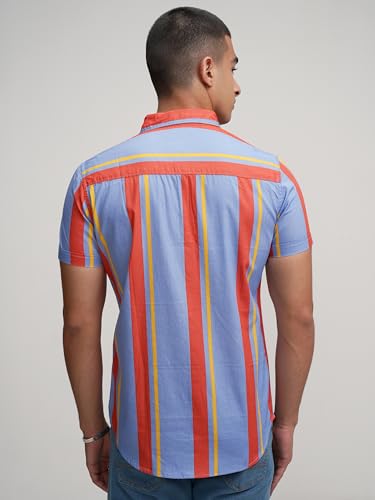 Image of Highlander Men's Casual Shirt | Striped | Slim Fit | Short Sleeves | Vertical Stripes a Sleek Look