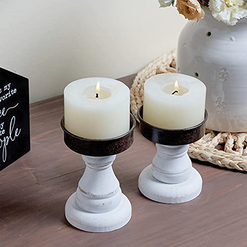 Genmous&Co. Decorative Candle Holders Pedestal Rustic Wood For Pillar Candle Farmhouse Candlestick Holder Galvanized Plate For Mantel, Dining Table, Centerpiece,Coffee Bar,Set Of 2（White #TOP4