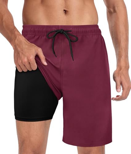 Image of Mens Swim Trunks with Compression Liner 2 in 1 Quick Dry Swimming Shorts Swimwear Bathing Suits with Pockets