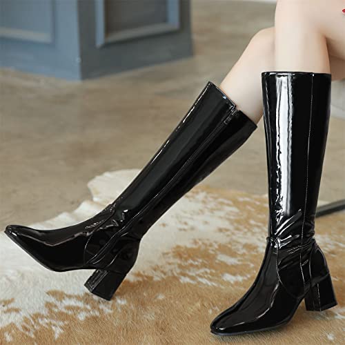 Elbslutt Women's Gogo Boots Knee High Patent Leather Chunky Heeled Mid Calf Boots Full Zipper 70s Disco Dance Shoes3