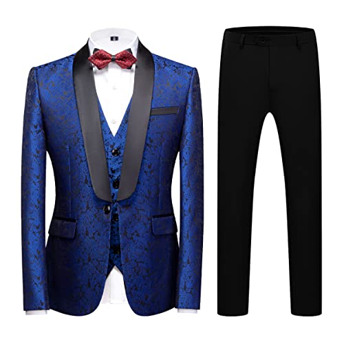 Mens Tuxedo Suits Slim Fit 3 Piece Formal Skinny Tuxedo Suit Set Shawl Lapel Paisley Suits Men For Wedding Prom Blue #TOP6