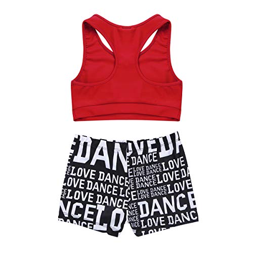 Kids Girls Two Pieces Sports Dance Outfit Crop Tops Bra with Shorts Set Gymnastics Athletic Leotard Swimwear Red&Black 7-84