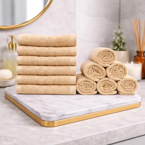 CasPure 100% Cotton Face Towel, Pack of 12, 33x33 cm, 500 GSM, Desert Beige