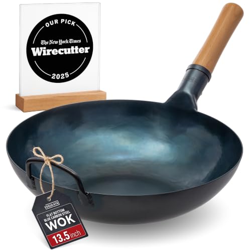 YOSUKATA 13.5” Blue Carbon Steel Wok Pan – Pre-Seasoned Flat Bottom Wok Compatible with open fire, gas, electric, ceramic, induction cooktops -Traditional Chinese Pan for Stir Fry, BBQ, Grill, Camping - image 1
