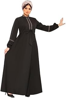 عباية حريمي أنيقة بلون أسود مع تطريز لامع على الصدر والأكمام – تصميم برباط على الخصر وأكمام واسعة GAMAL SONS FOR ABAYA GS-812-42141-Parent