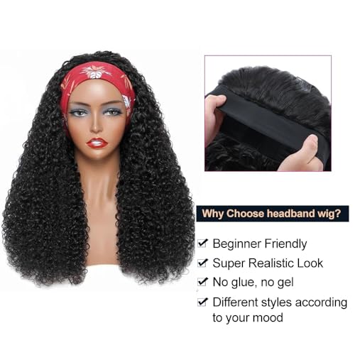 Image of XSY Headband Wig Human Hair Kinky Curly Wigs for Black Women Deep Curly Human Hair Headband Wigs 150% Density Natural Black Color 18 Inch