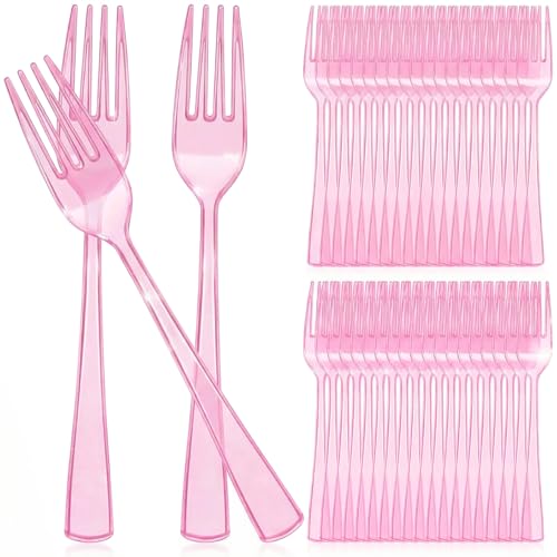 Minatee 50 Pcs Plastic Forks Disposable Cutlery Heavy Duty Dinnerware Plastic Silverware Flatware for Parties Supplies Dessert Picnics Holiday House(Pink)