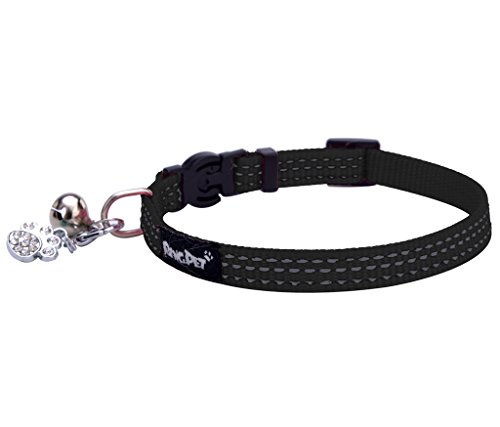 BINGPET Safety Nylon Reflective Cat Collar Breakaway Adjustable Cats Collars with Bell and Bling Paw Charm, Black